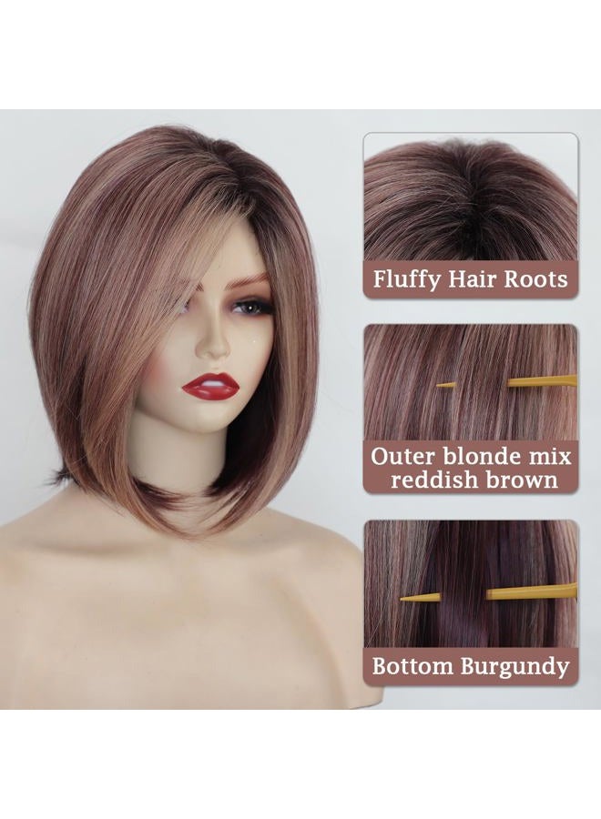 TISHINING Side Part Layered Burgundy Short Bob Wigs for White Women Ombre Burgundy Mix Blonde Bob Straight Hair Wig with Dark Roots Synthetic Natural Looking Daily Party Wig(12 inch) - Image 3