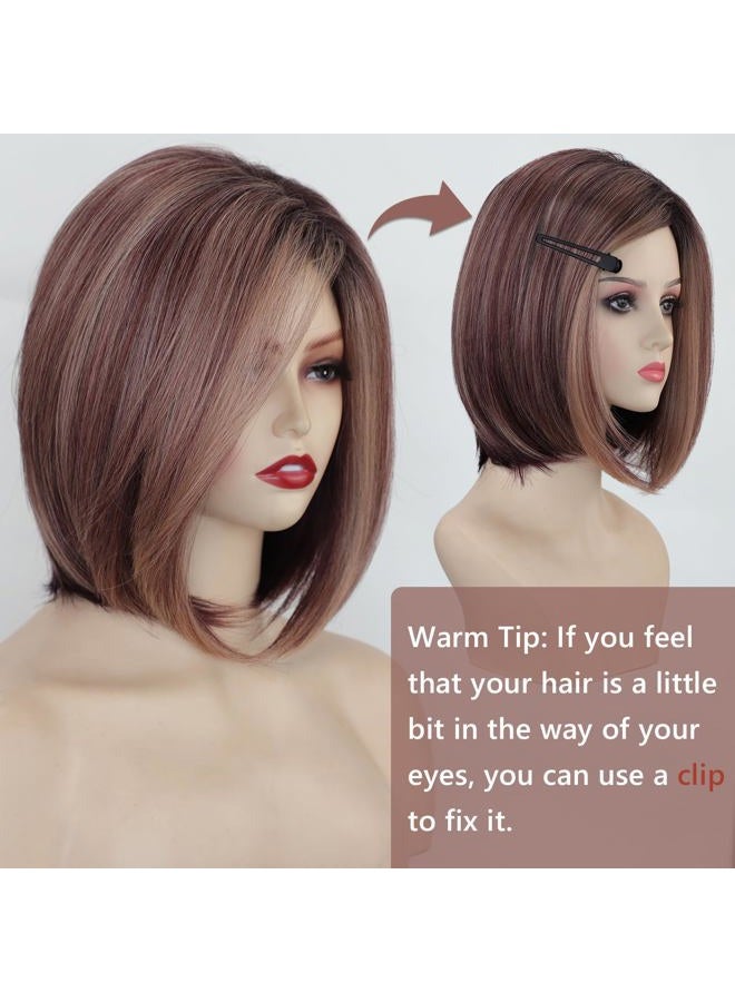 TISHINING Side Part Layered Burgundy Short Bob Wigs for White Women Ombre Burgundy Mix Blonde Bob Straight Hair Wig with Dark Roots Synthetic Natural Looking Daily Party Wig(12 inch) - Image 5
