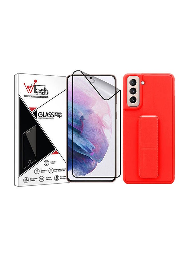 NIBEMINENT Pack Of Ceramic Nano Screen Protector With Silicone Hand Band Grip Cover Case For Samsung Galaxy S21 Plus 5G 6.7inch Red/Clear - Image 1