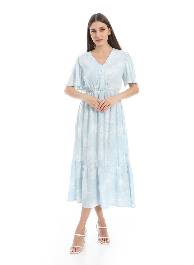 Andora Short Bell Sleeves V-Neck Dress_Baby Blue & White - Image 1