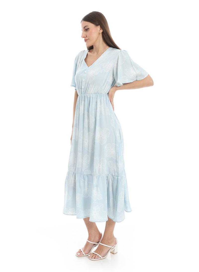 Andora Short Bell Sleeves V-Neck Dress_Baby Blue & White - Image 2