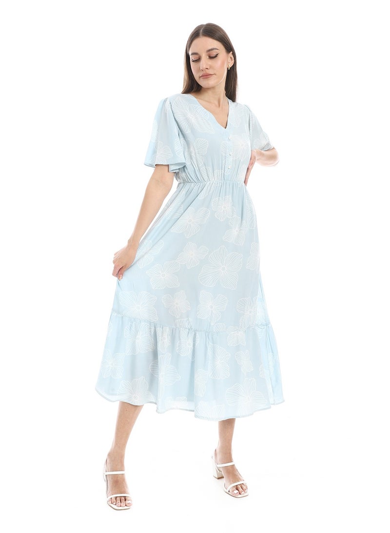 Andora Short Bell Sleeves V-Neck Dress_Baby Blue & White - Image 3