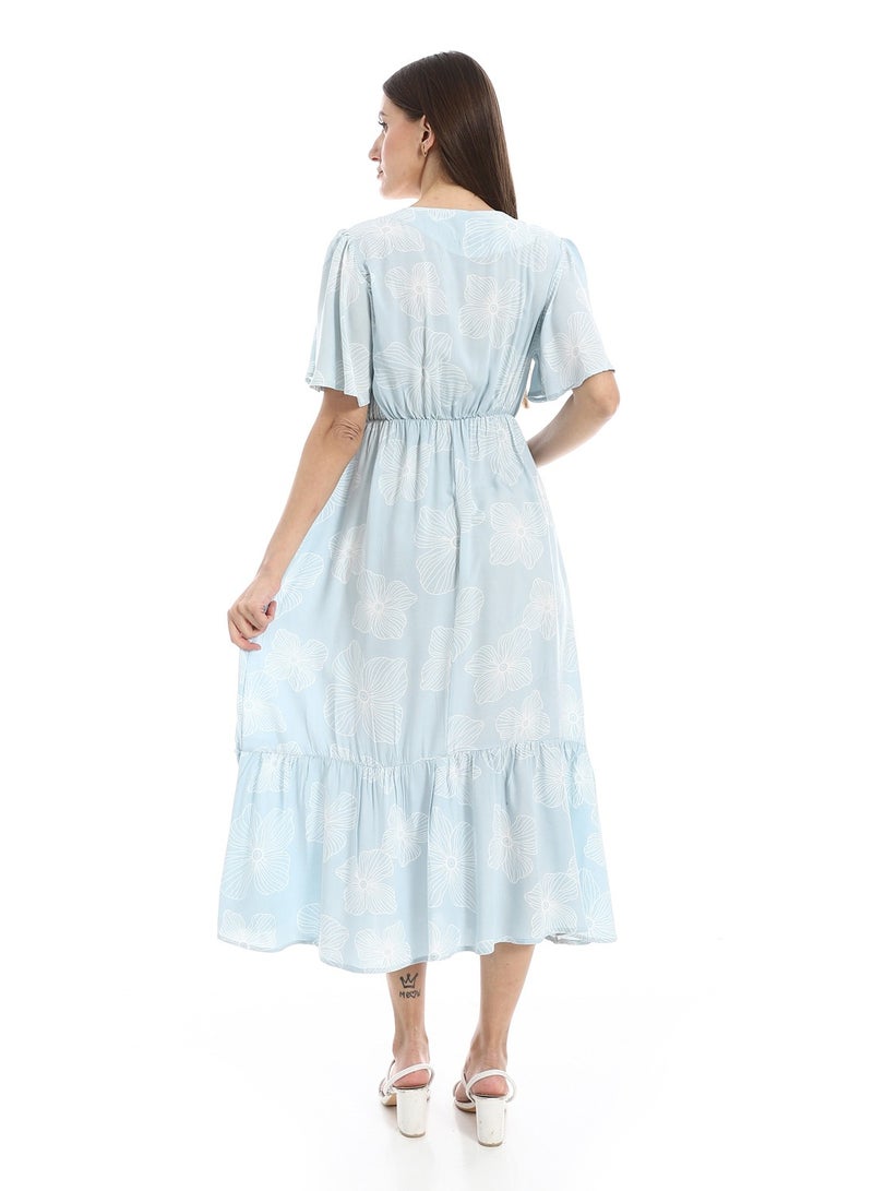 Andora Short Bell Sleeves V-Neck Dress_Baby Blue & White - Image 4