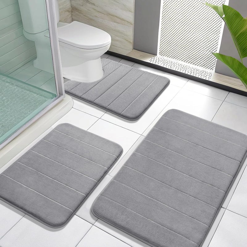 Yimobra Memory Foam Bath Mat Set 3 Pieces Super Soft Absorbent Quick Dry Bathroom Rug Sets Machine Washable Non Slip Floor Carpet for Tub Shower Vanity Toilet Base Gray