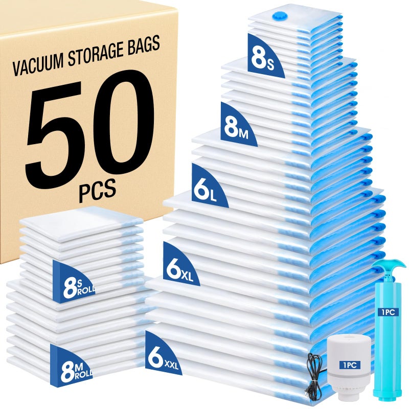 AROIC 50 Pack Vacuum Storage Bags, 5 Sizes + 2 Roll-up (8 Each) Space Saver Vacuum Sealer Bags for Clothing with 1 Electric Pump and 1 Hand Pump, Seasonal Storage Bags for Luggage, Travel Essentials - Image 1
