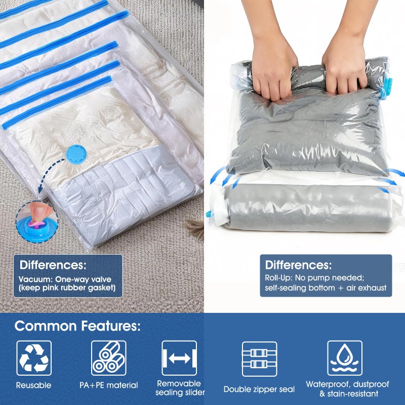 AROIC 50 Pack Vacuum Storage Bags, 5 Sizes + 2 Roll-up (8 Each) Space Saver Vacuum Sealer Bags for Clothing with 1 Electric Pump and 1 Hand Pump, Seasonal Storage Bags for Luggage, Travel Essentials - Image 3
