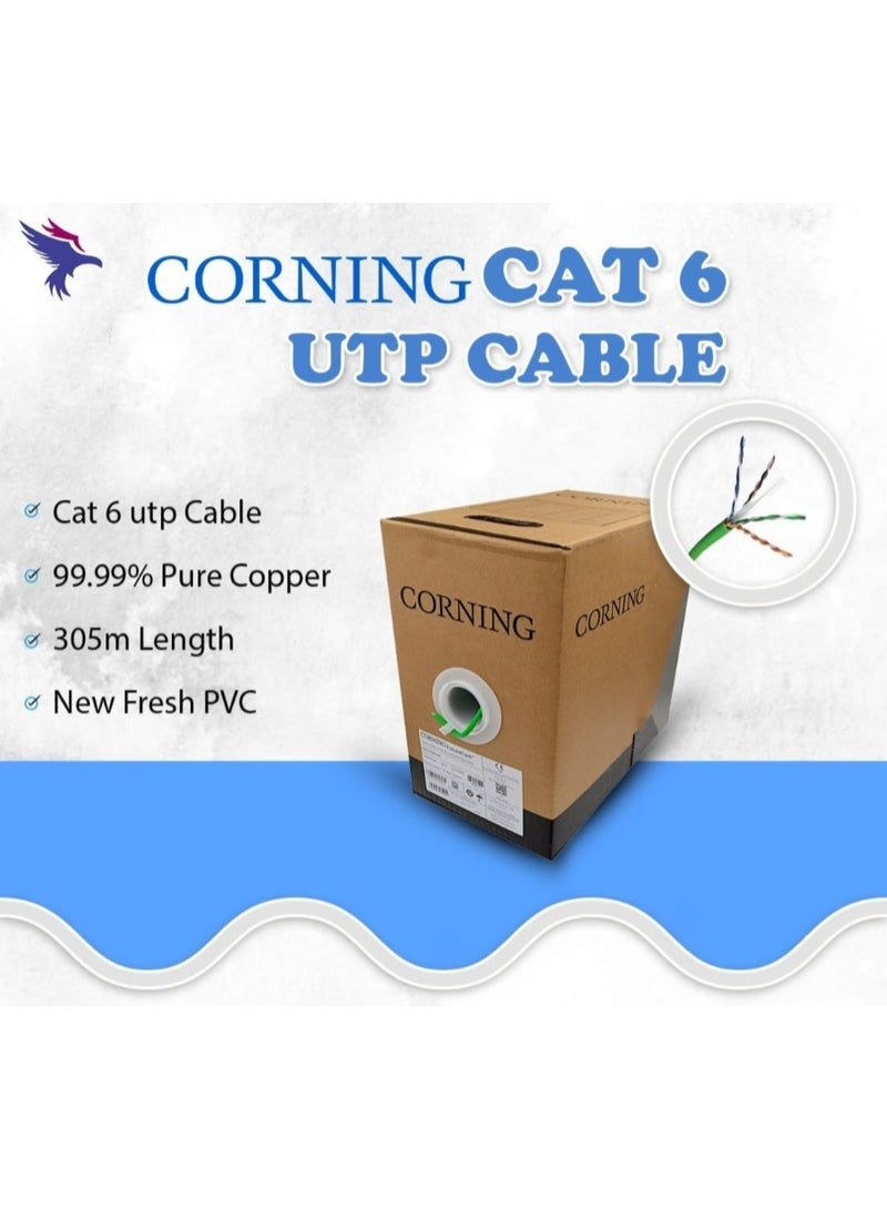 كورنينج كابل كورنينج CAT6 UTP النحاسي - كابل إيثرنت LAN عالي الأداء، 4 أزواج، 23AWG من النحاس الصلب العاري، صندوق سحب بطول 305 متر - Image 1