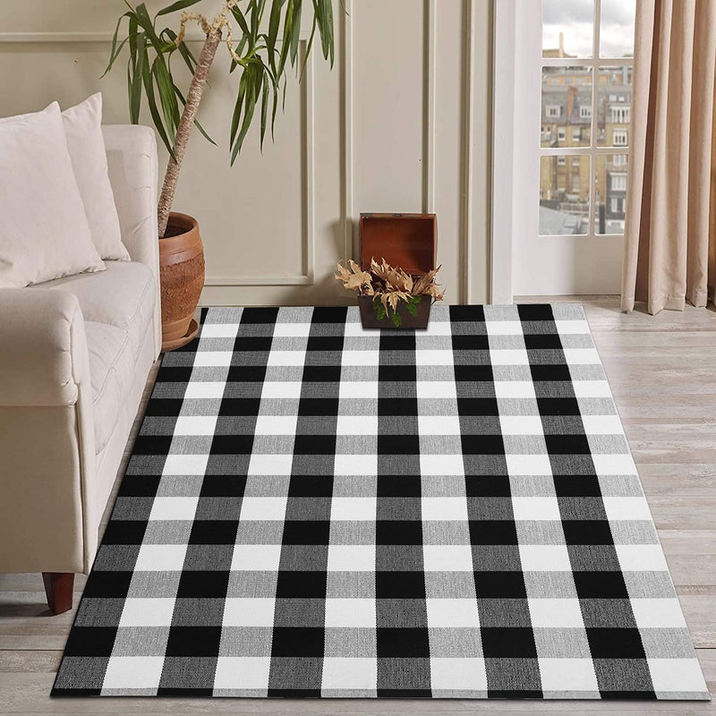 KOZYFLY Buffalo Plaid Area Rug 4 x 6 Ft Black and White Checkered Rug Washable Outdoor Rugs Cotton Rugs for Bedroom Front Door Mat Carpet for Front Porch Living Room Dining Room Bedroom Kitchen
