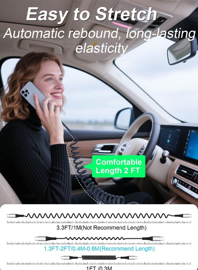 2PCS Coiled USB C to USB C Cable, 60W PD Fast Charge Type C Coiled USB C Cable Retractable Spiral USB C Car Charger for iPhone 16 15 Plus Pro Max Galaxy S25 S24 S23, Google Pixel - Image 4