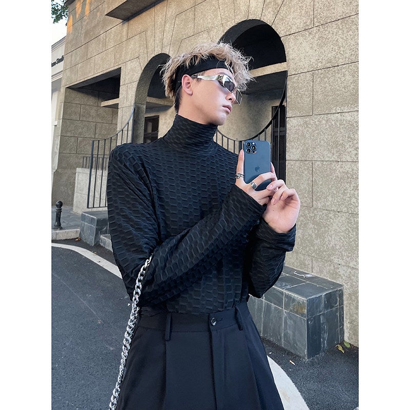 Plaid texture solid color rascal turtleneck t-shirt men's long-sleeved ins autumn trendy Korean version versatile inner layer top - Image 3