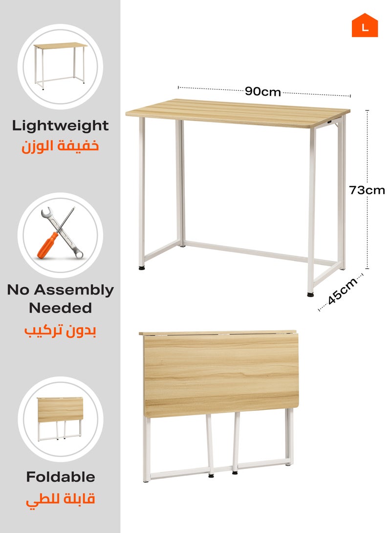 LAWAZIM Folding Table - 90x45x73cm Beige - Foldable Desk with Sturdy Wood Top and Iron Frame - Space-Saving Home Office Desk Multipurpose Laptop Table for Craft, Study, and Work (No Assembly Required) - Image 2