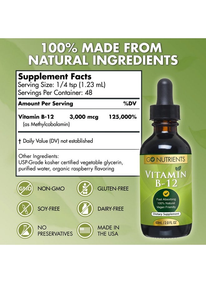 Go Nutrients Vitamin B12 Fast Absorbing B12 Vitamins All Natural Vegan Friendly B12 Sublingual Supplement With 3000 Mcg Methylcobalamin Organic Raspberry Flavor 2 Oz 48 Servings  - Image 3