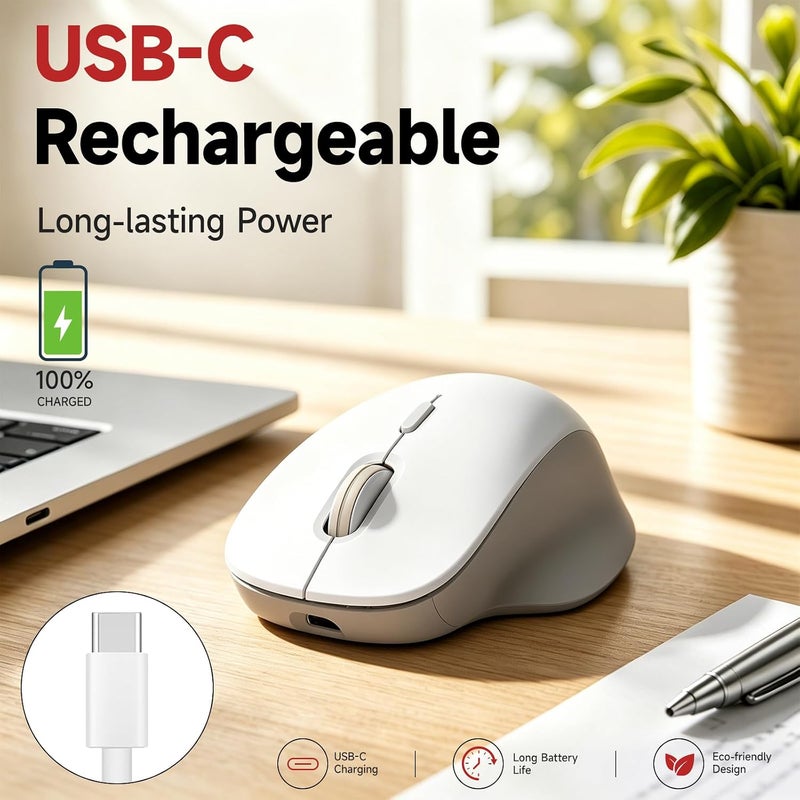 ماوس لاسلكي من memzuoix (BT5.3 و2.4G) قابل للشحن 800/1200/1600 DPI صامت USB C وماوس بلوتوث 4 أزرار - كريمي أبيض - Image 3