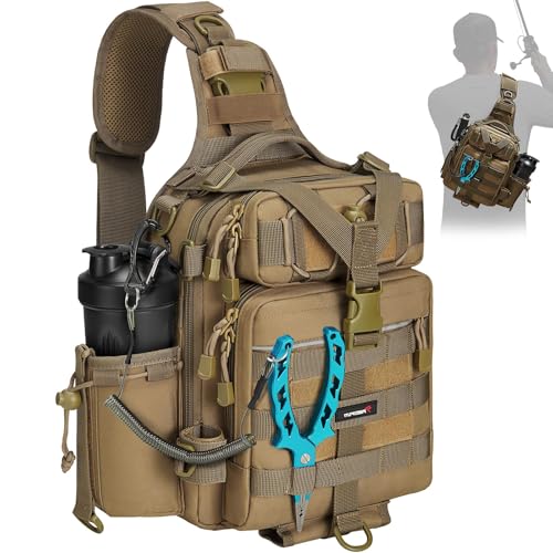Piscifun Fishing Tackle Bag with Rod & Gear Holder, Lightweight Sling Bag Storge Gear and Equipment, Kaki - Image 1
