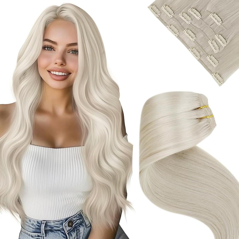 LaaVoo Platinum Blonde Clip in Hair Extensions Real Human Hair White Blonde Human Hair Clip in Extensions 20 Inch 5pcs 80g