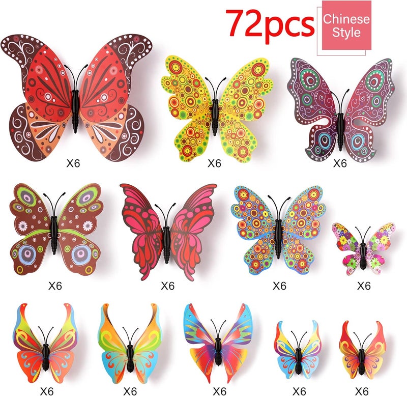 LiveGallery 72 PCS Removable 3D DIY Beautiful Butterfly Wall Decals Colorful Butterflies Art Decor Wall Stickers Murals for Home Nursery Bedroom Classroom Offices TV Background Chinese Style - Image 4