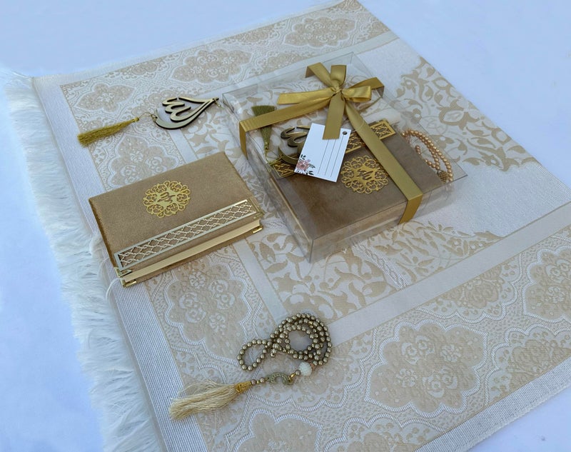 SAIKA Prayer Rug Set with Thanks Card, Full Arabic Quran Prayer Rug, Beads and Car Hanger Set,Ramadan Eid Wedding Birthday Graduation Mother's Day (Gold) - Image 5
