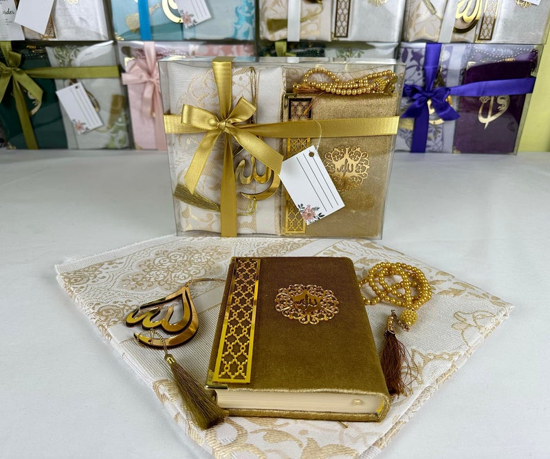SAIKA Prayer Rug Set with Thanks Card, Full Arabic Quran Prayer Rug, Beads and Car Hanger Set,Ramadan Eid Wedding Birthday Graduation Mother's Day (Gold) - Image 2
