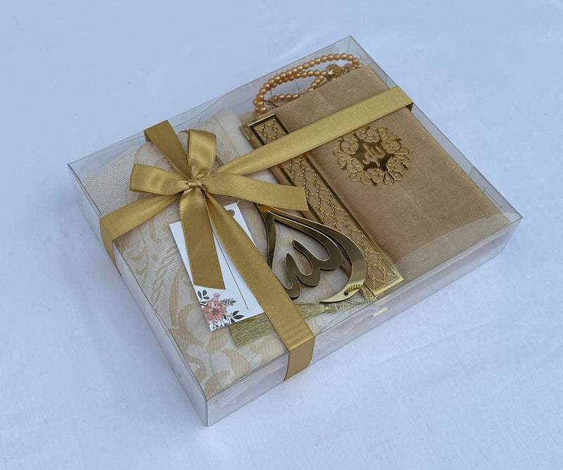 SAIKA Prayer Rug Set with Thanks Card, Full Arabic Quran Prayer Rug, Beads and Car Hanger Set,Ramadan Eid Wedding Birthday Graduation Mother's Day (Gold) - Image 3