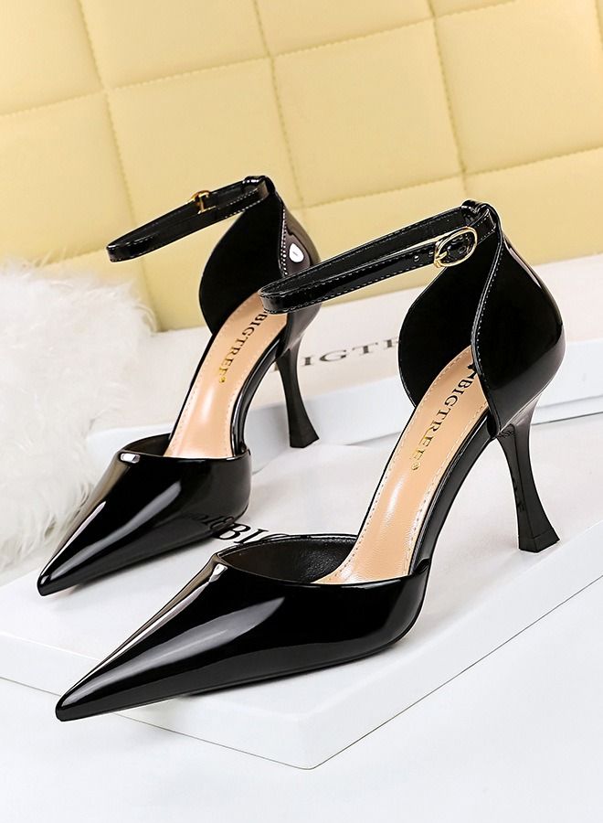 BIGTREE صندل مدبب بكعب عالٍ من خط واحد 8 سم أسود - Image 1