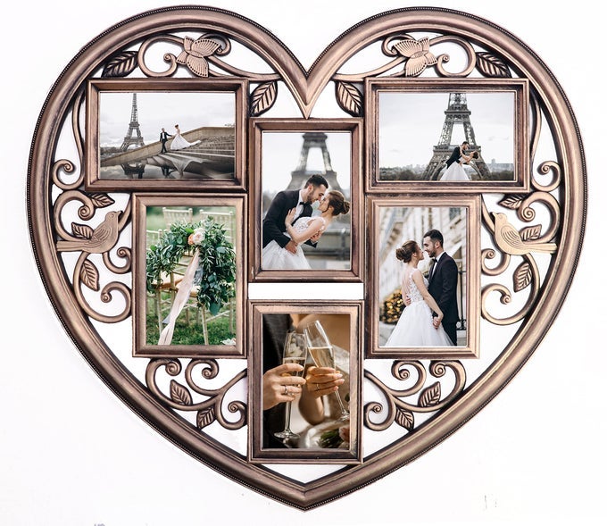 GOLD WALL LARGE HANGING HEART SHAPE COLLAGE PICTURE FRAME 6 OPENING 4 X 6