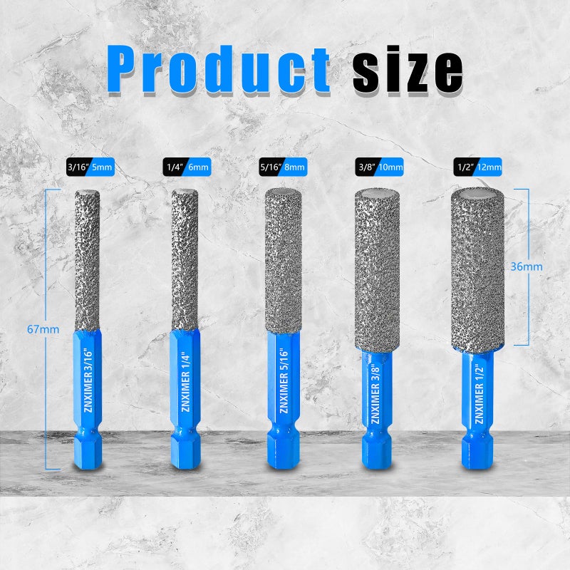 ZNXIMER Diamond Drill Bits Set for Ceramic, Porcelain, Glass, Marble, Tile, Granite, Stone and More - Tile Drill Bits for Efficient, Precise Drilling and Milling - Image 2