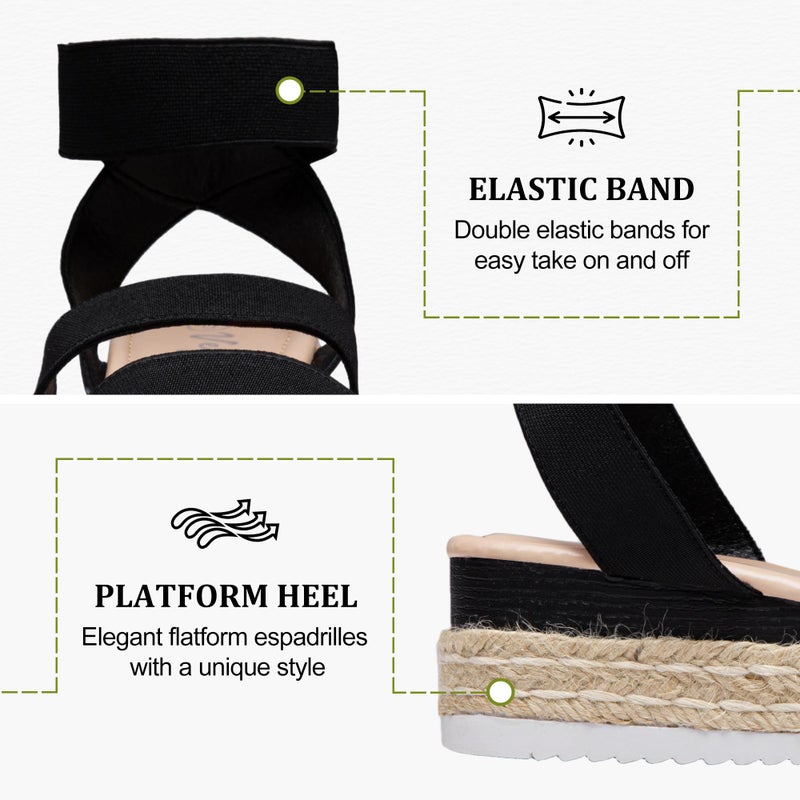 Vepose Women's Black Platform Sandals Wedge Espadrilles, 2.2 Inch Elastic Strap Open Toe, Comfortable Cute Sandalias, Dressy Summer Vacation Casual Beach Work Size 08.5 (CJY876 Black 08.5) - Image 4