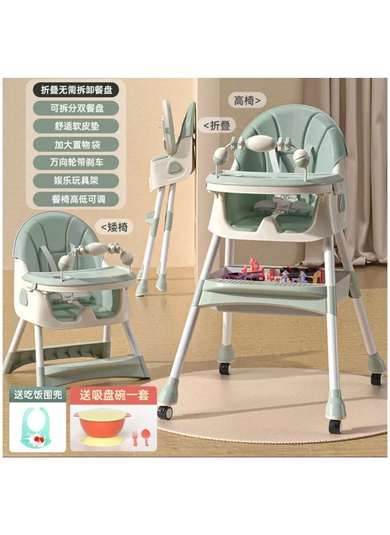 Generic Baby 3-in-1 Folding High Chair, Adjustable Height and Footrest - Toddler Feeding Booster Seat with Tray and Wheels, Safety Harness, Leather Padding and Toy Bar for 6 Months to 4 Years (Sturdy Aluminum  - Image 1