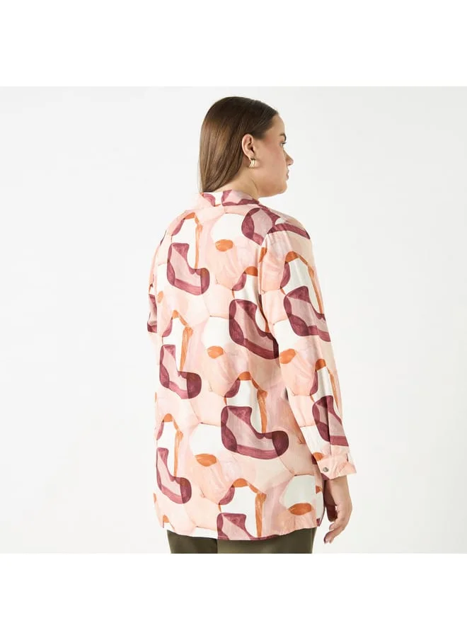 Ulla Popken Plus Size Ulla Popken All-Over Print Shirt with Long Sleeves
