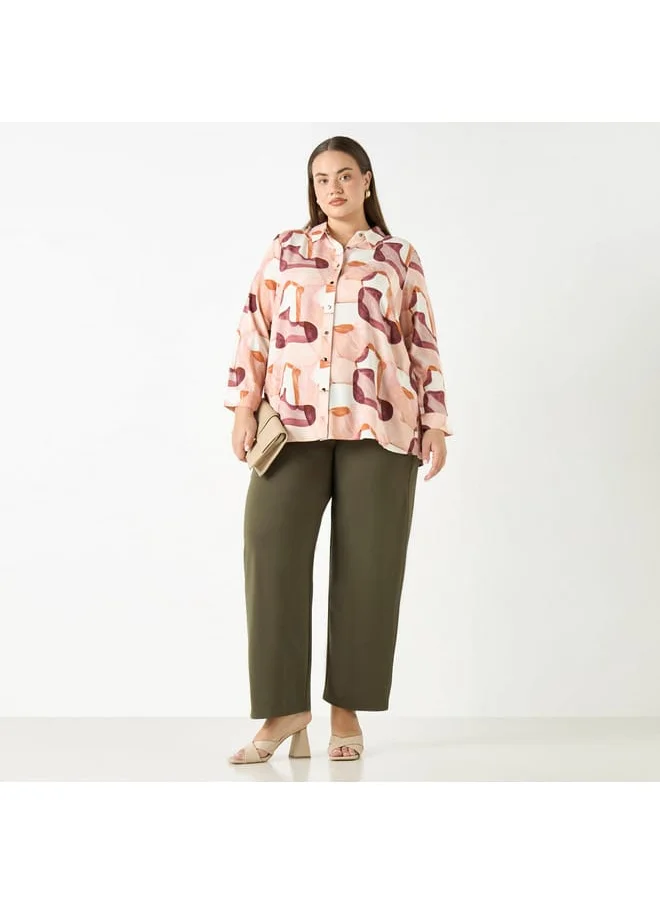 Ulla Popken Plus Size Ulla Popken All-Over Print Shirt with Long Sleeves