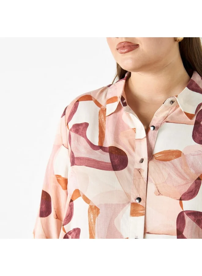 Ulla Popken Plus Size Ulla Popken All-Over Print Shirt with Long Sleeves