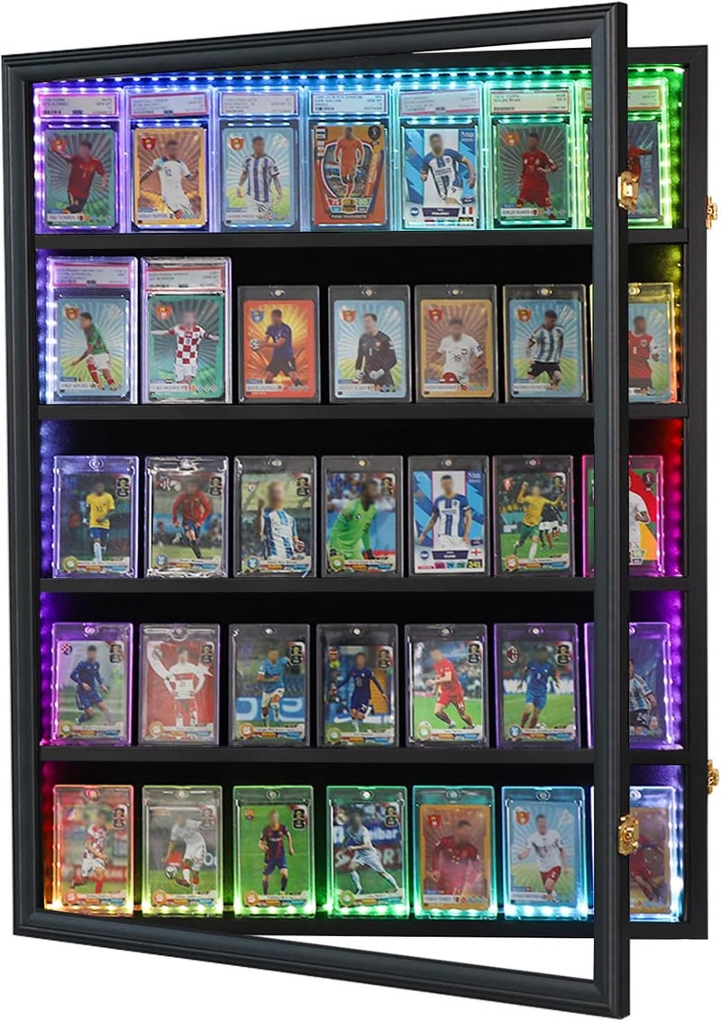 Temgee 35 Graded Sports Card Display Case with LED - Baseball Card Display Frame with UV Protection Clear View Lockable Wall Cabinet for Basketball Collectible Trading Card Black Finish - Image 1