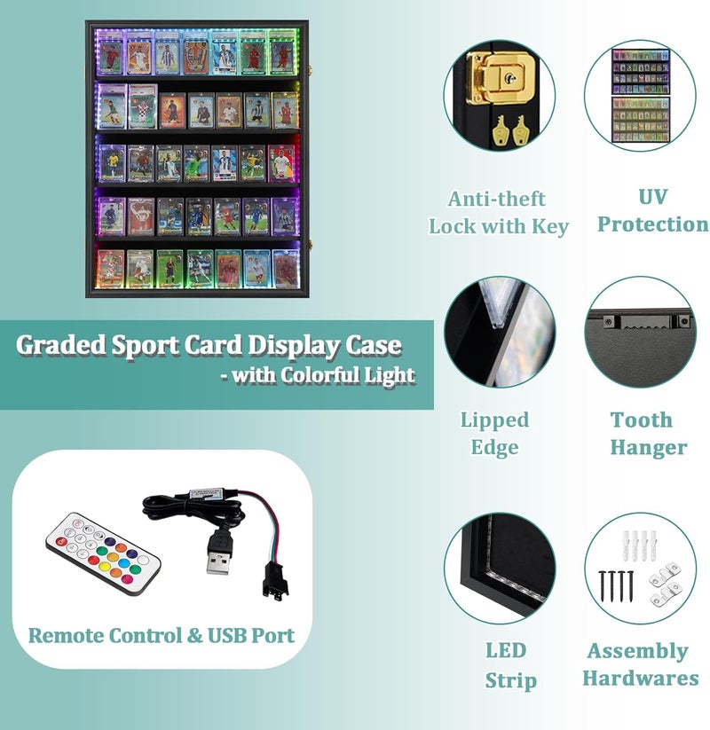 Temgee 35 Graded Sports Card Display Case with LED - Baseball Card Display Frame with UV Protection Clear View Lockable Wall Cabinet for Basketball Collectible Trading Card Black Finish - Image 5