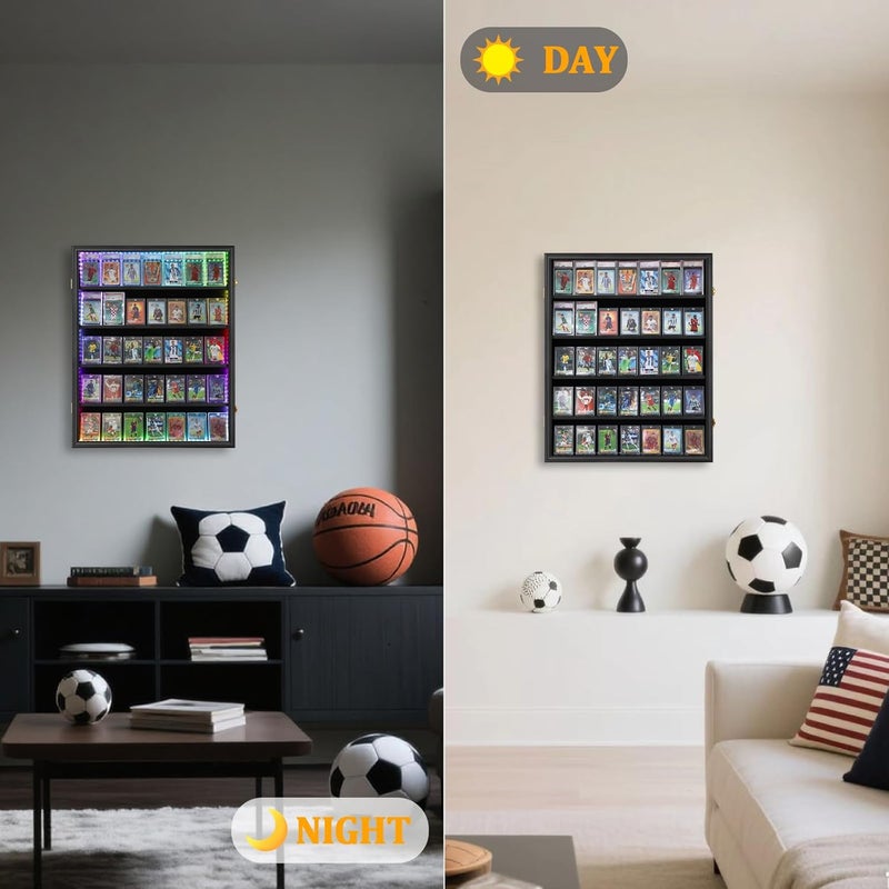 Temgee 35 Graded Sports Card Display Case with LED - Baseball Card Display Frame with UV Protection Clear View Lockable Wall Cabinet for Basketball Collectible Trading Card Black Finish - Image 4