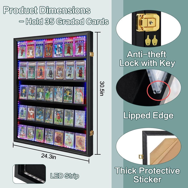 Temgee 35 Graded Sports Card Display Case with LED - Baseball Card Display Frame with UV Protection Clear View Lockable Wall Cabinet for Basketball Collectible Trading Card Black Finish - Image 2