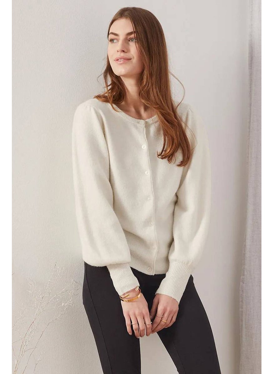 Tchibo Women Fine Knit Puff Sleeves Cardigan, Cream  - Image 1