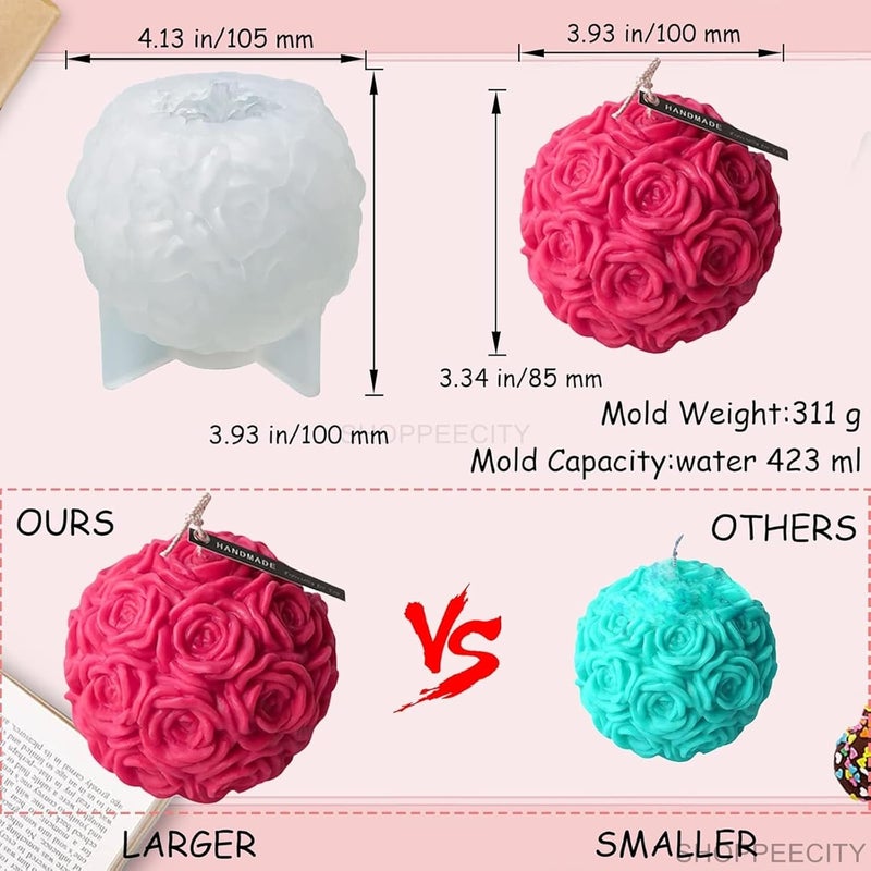 Shoppeecity Large Rose Ball Candle Mold I 3D Fondant Flower Silicone Plaster Epoxy Mould I for DIY Handmade Chocolate Candle Making Cake Dcor Aromatherapy Soap Resin Art Craft Making Home Party Decoration - Image 3