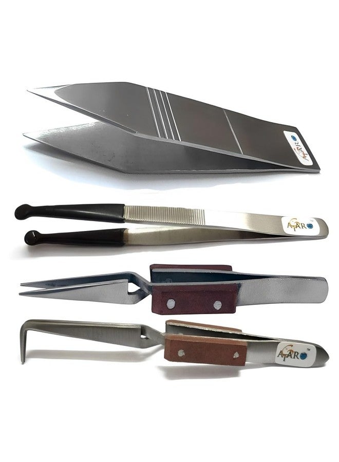 ATAR 4 Pcs Holder Pick-up Tool Fiber Grip Cross Lock 90 degree & Cross Lock Straight Tweezer & Pearl Tweezer & Thick Tweezer Jewelers Pickup tools. - Image 1