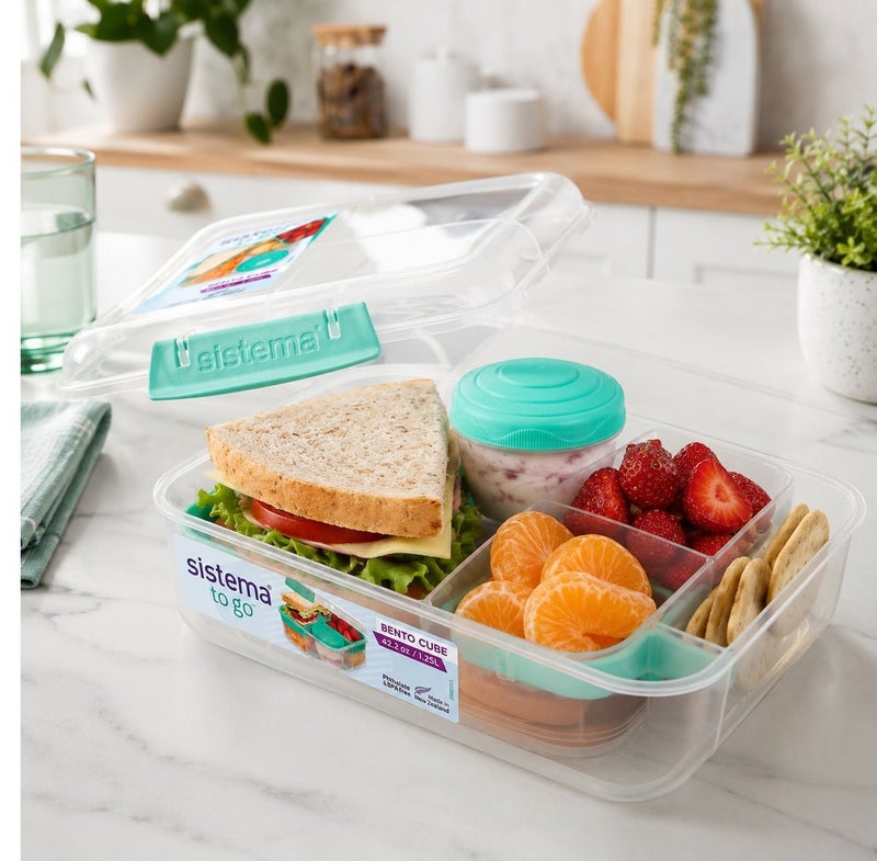 Sistema Bento Cube To Go 1.25L Teal – BPA Free Divided Lunch Box with Yogurt Pot, Leak-Resistant Locking Lid, Reusable Bento Meal Prep Container for School, Office & Travel - Image 5