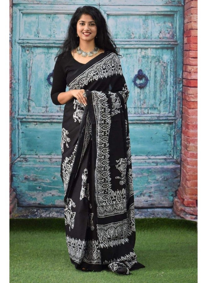 Kiaaron Ikat Hand Block Print Cotton Mulmul Saree with Blouse Piece for Women - Black - Image 2