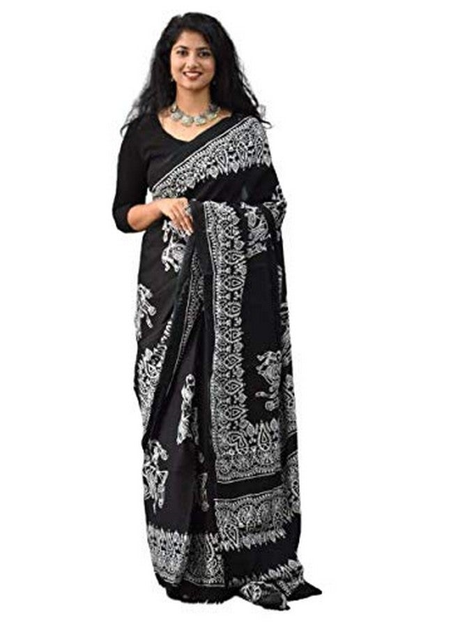 Kiaaron Ikat Hand Block Print Cotton Mulmul Saree with Blouse Piece for Women - Black - Image 1