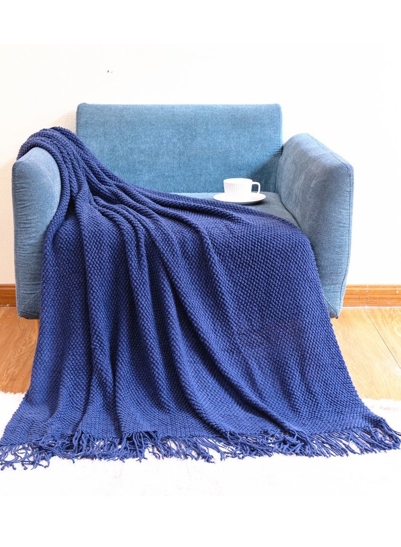 Loquat Tassel Design Knitted Textured Soft Throw Blanket Keep Warm Navy Blue 