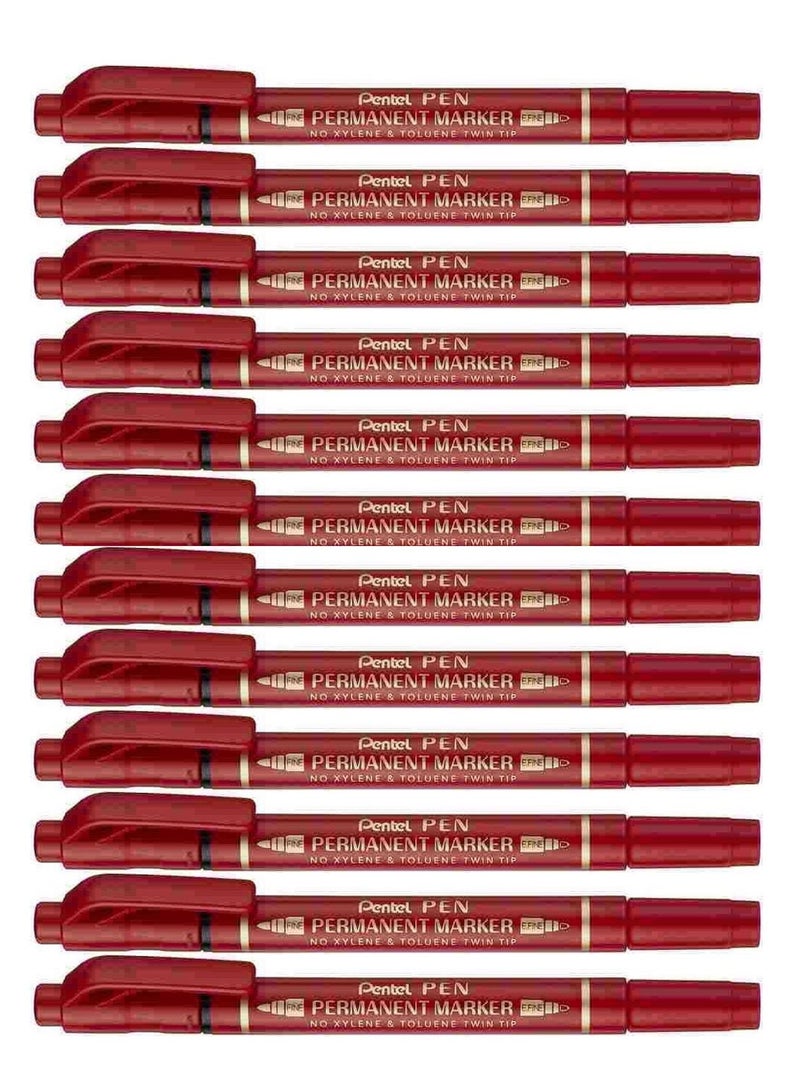 Pentel 12-Piece Twin Tip Permanent Marker Red Ink  - Image 1