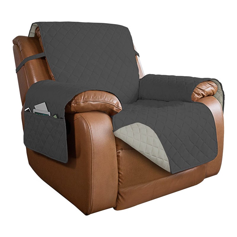 PureFit Reversible Quilted Sofa Cover Water Resistant Slipcover Furniture Protector Washable Couch Cover with Non Slip and Elastic Straps for Kids Dogs Pets Oversized Recliner Dark GrayBeige