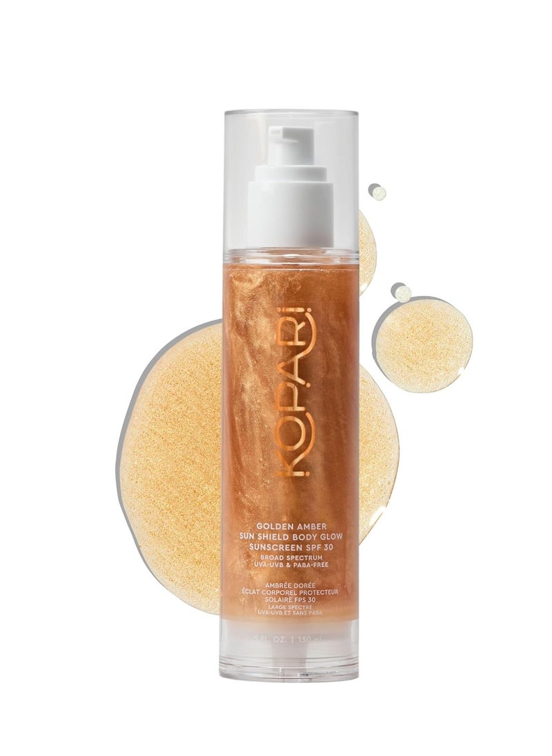 Kopari Kopari Sun Shield Body Glow, Broad Spectrum SPF 30, Lightweight Shimmering Gel Texture Absorbs Quickly, Non Sticky, Glowing Results, Golden Amber 5 oz  - Image 1