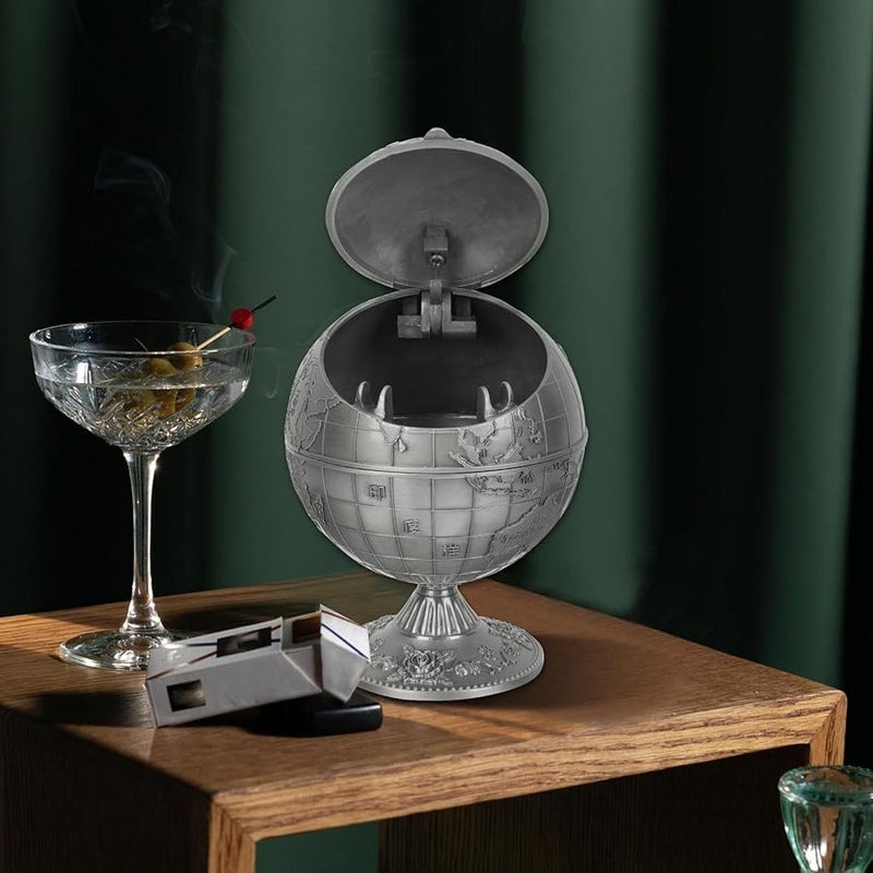 صينية سجائر على شكل كرة أرضية عتيقة الطراز بغطاء، زينة معدنية للمكتب والمنزل - Image 4