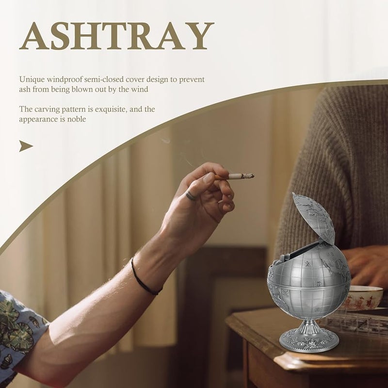 صينية سجائر على شكل كرة أرضية عتيقة الطراز بغطاء، زينة معدنية للمكتب والمنزل - Image 3