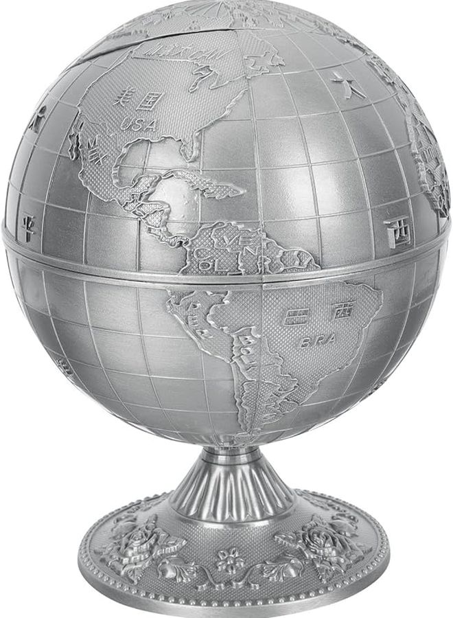 صينية سجائر على شكل كرة أرضية عتيقة الطراز بغطاء، زينة معدنية للمكتب والمنزل - Image 1