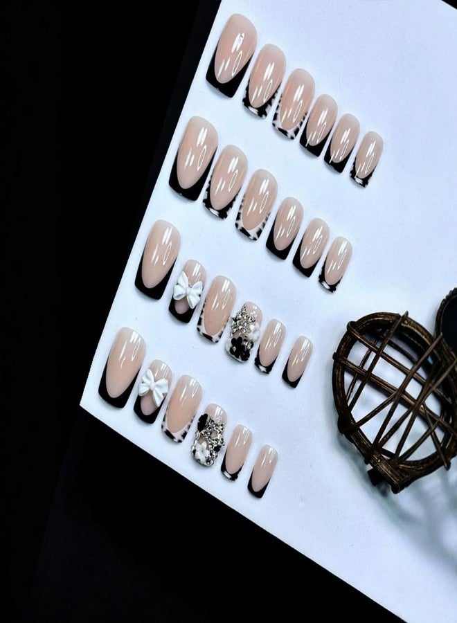 ROKHEVN Black French Tip Press on Nails Medium Square Fake Nails 3D Bow Flower Star Charm Design Stick on Nails Cute False Nails Handmade Acrylic Glue on Nail for Women Manicure 24Pcs - Image 3