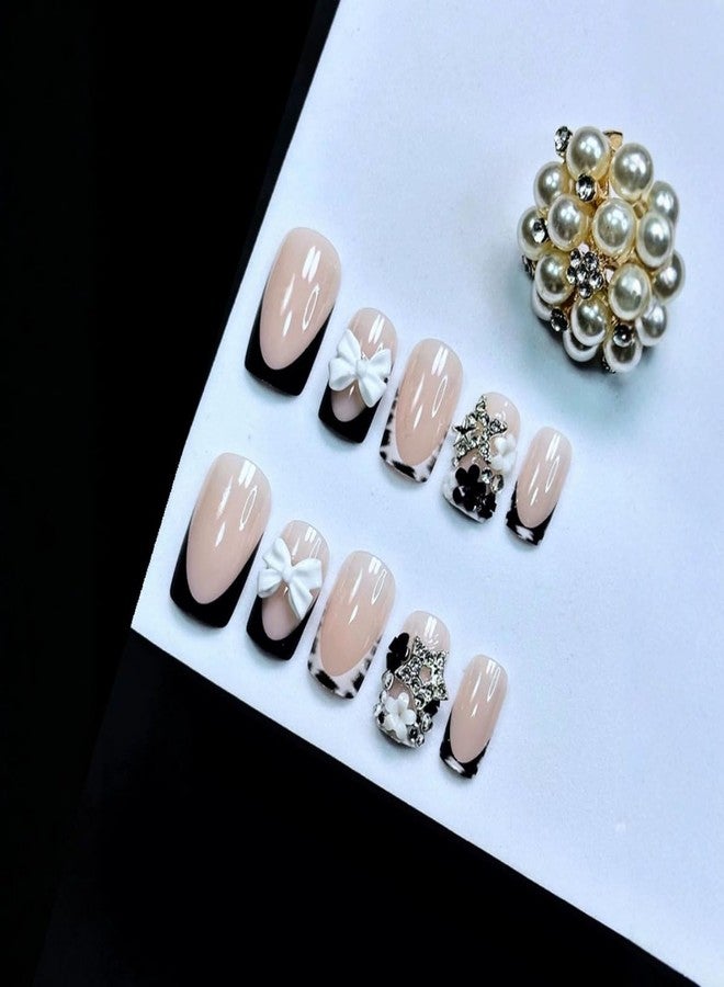 ROKHEVN Black French Tip Press on Nails Medium Square Fake Nails 3D Bow Flower Star Charm Design Stick on Nails Cute False Nails Handmade Acrylic Glue on Nail for Women Manicure 24Pcs - Image 2